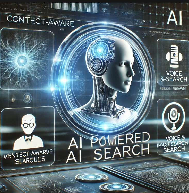 Illustration depicting AI-powered search future with digital interfaces and smart assistants.