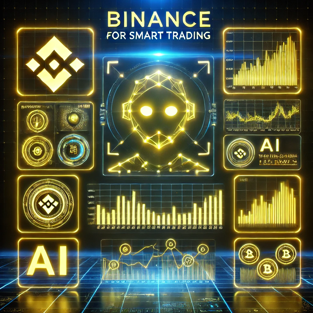 A futuristic digital trading interface displaying Binance AI tools for smart trading.