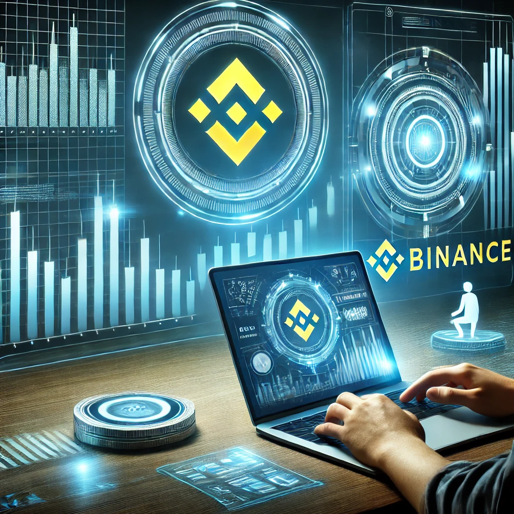 Binance Best Crypto Exchange interface displaying market charts, Binance logo, and a small investor analyzing trading data on a laptop.