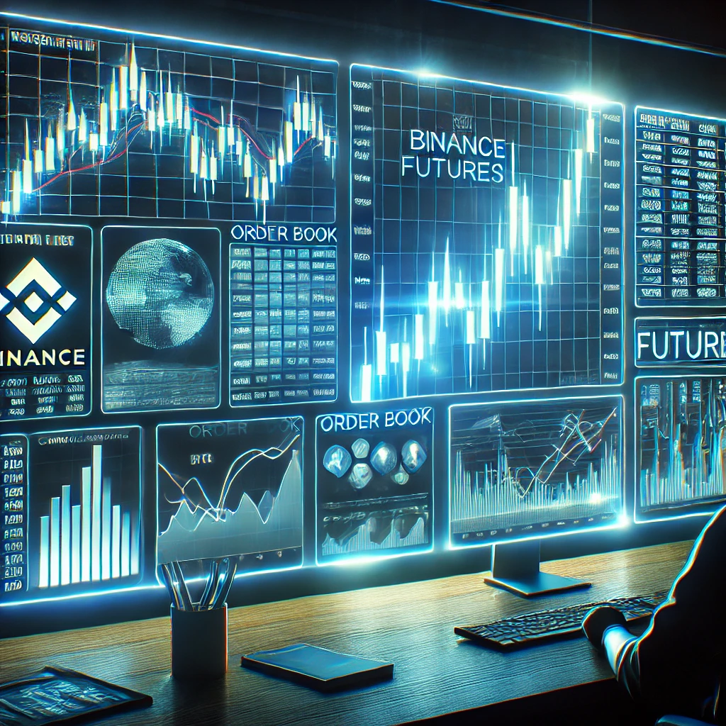 A digital trading interface showing Binance Futures charts with traders analyzing market trends.A digital trading interface showing Binance Futures charts with traders analyzing market trends.