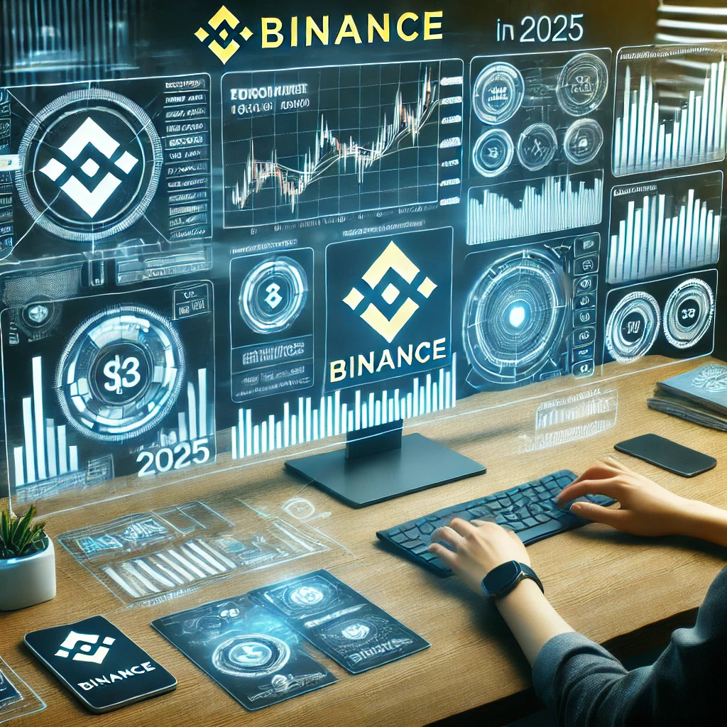 A futuristic digital trading interface showcasing Binance tools and features for retail traders in 2025, including real-time charts, graphs, and a trader making money.