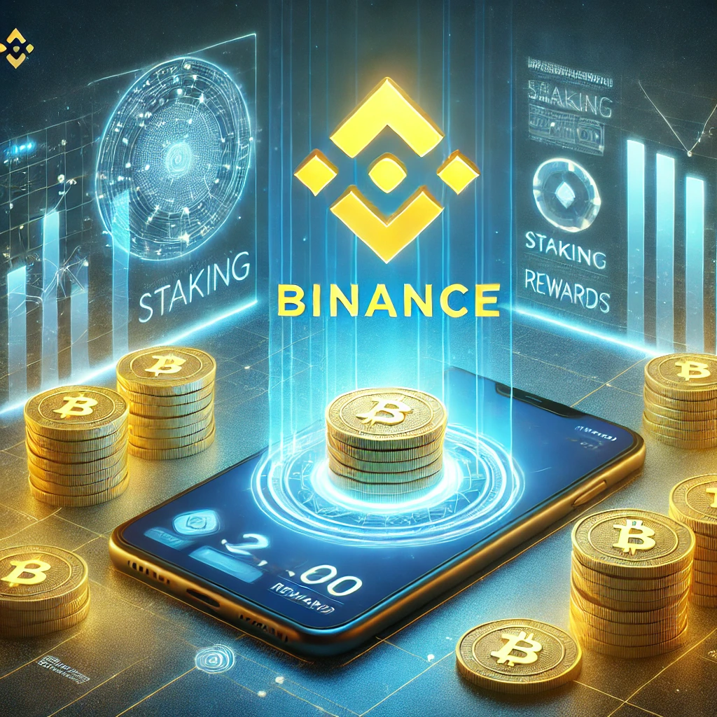 A futuristic digital financial landscape featuring the Binance logo, a glowing blockchain network, floating digital coins, and a mobile app interface displaying staking rewards, symbolizing passive income and financial growth.