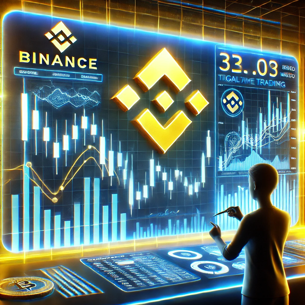 A futuristic digital trading interface showcasing Binance cryptocurrency charts, candlestick graphs, and trading tools. A beginner trader analyzes data on a high-tech screen, with a glowing Binance logo in the background.