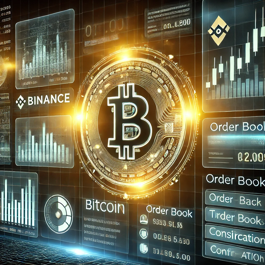 A digital trading interface displaying Bitcoin and other cryptocurrencies being bought and sold securely on the Binance platform.