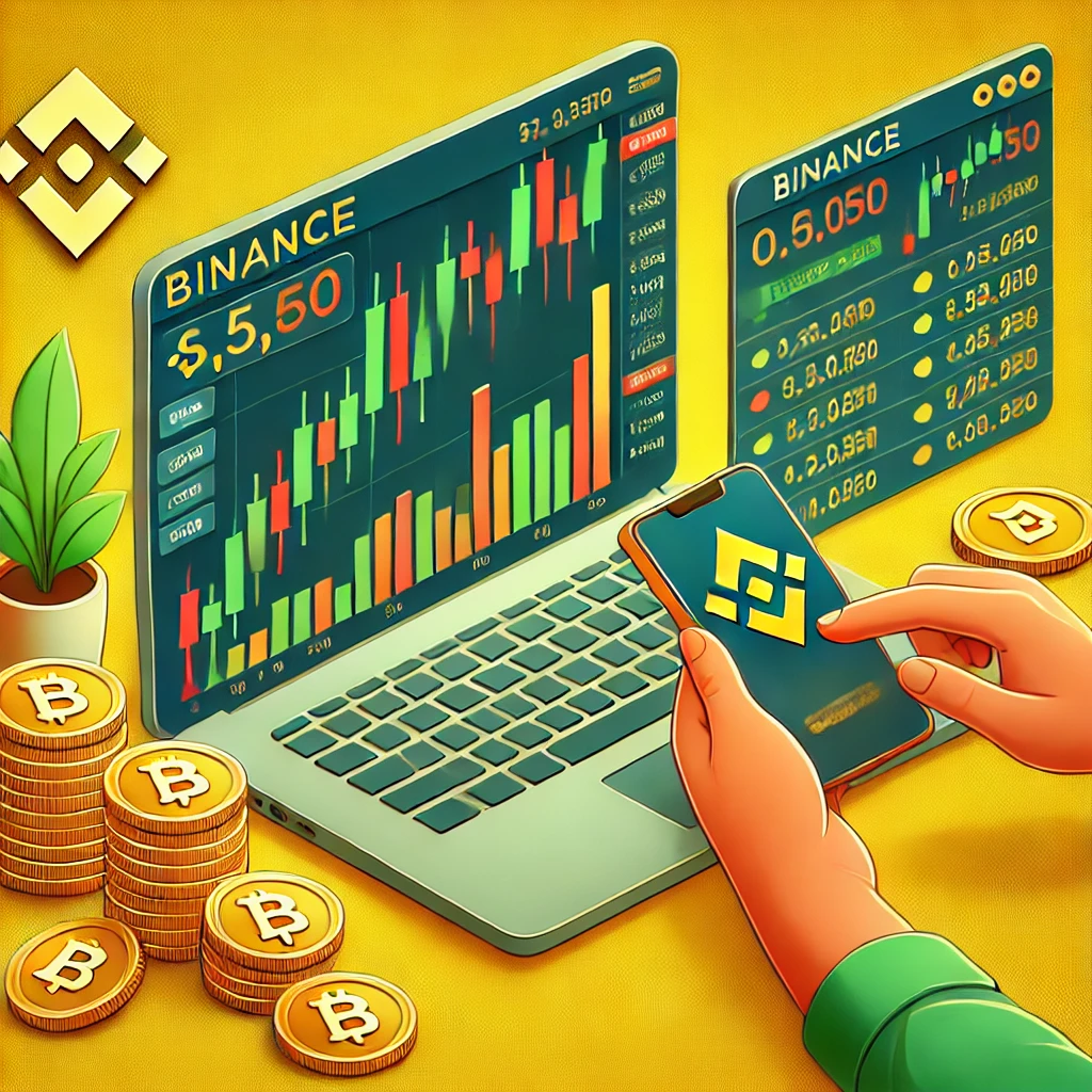 A digital illustration of crypto trading on Binance with a small budget, featuring charts and coins.