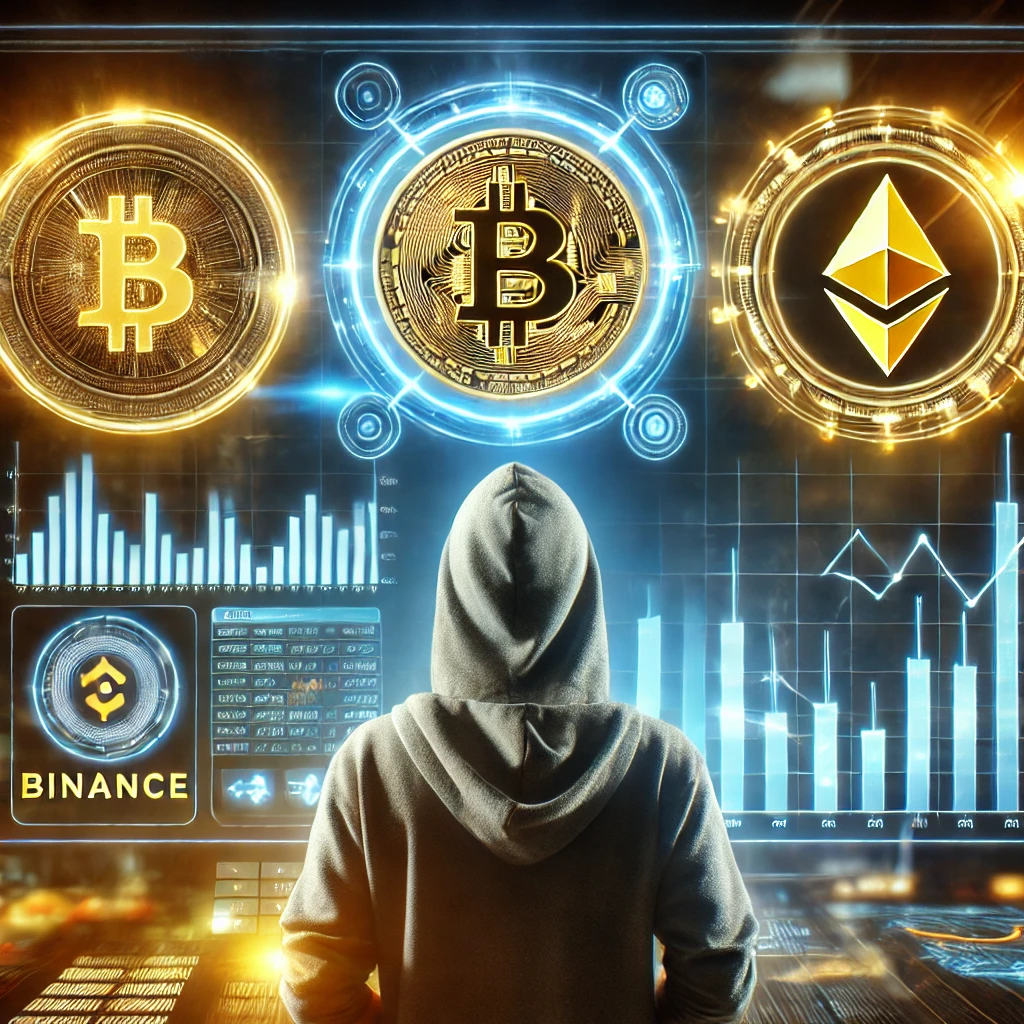 A futuristic digital trading interface displaying cryptocurrency charts with the Binance logo. A person in a hoodie analyzes data on a holographic screen, with glowing Bitcoin and Ethereum symbols. The background features a high-tech finance atmosphere with neon blue and yellow lights.