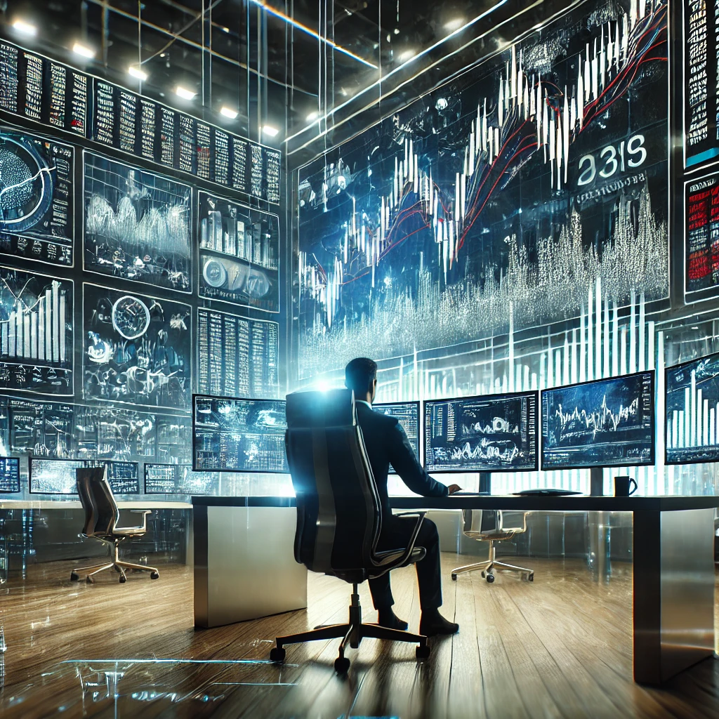 A modern digital illustration of a trader analyzing stock charts on Interactive Brokers Trading platform.