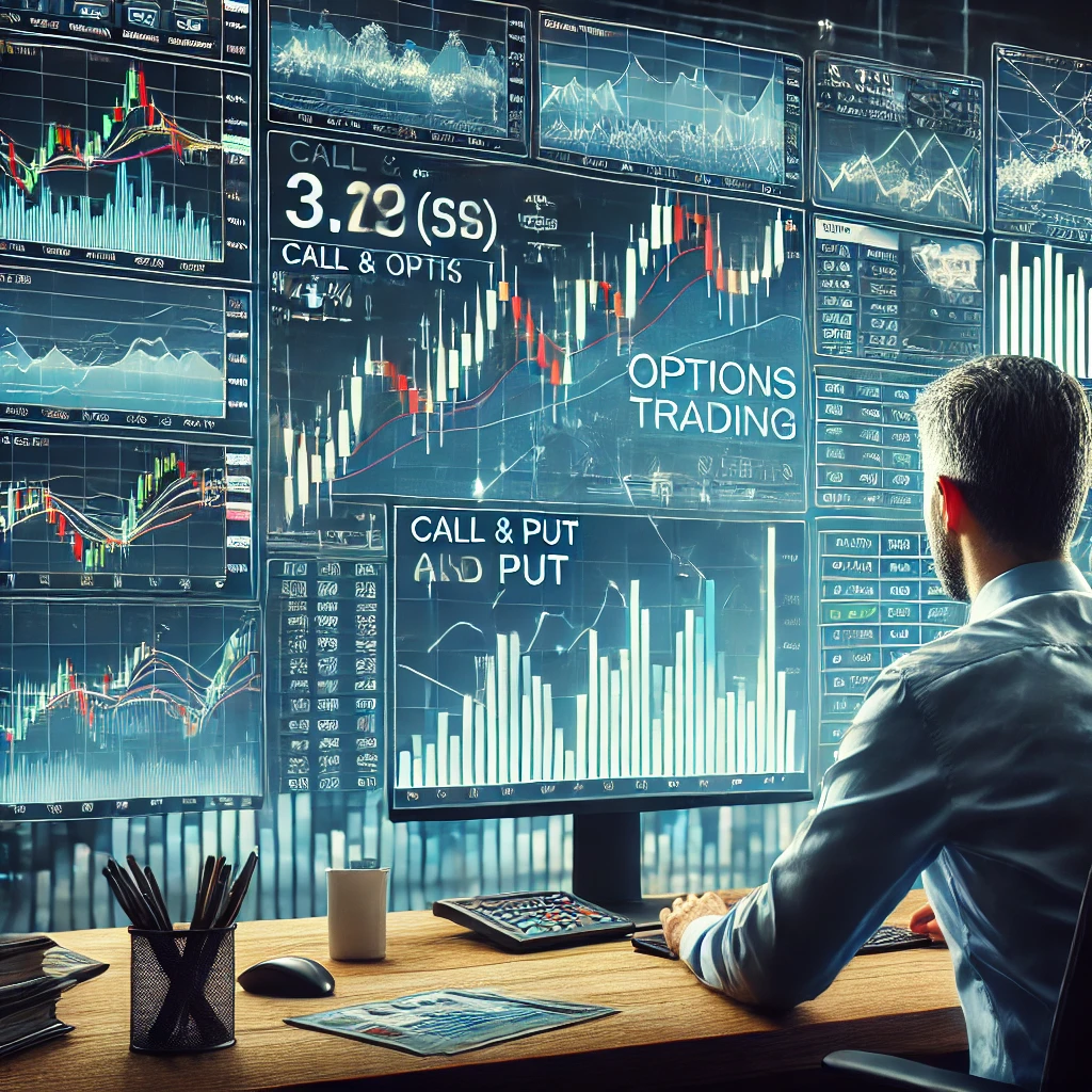 A trader analyzing options trading charts on a multi-screen setup, focusing on Mastering Options Trading with candlestick graphs and financial data.