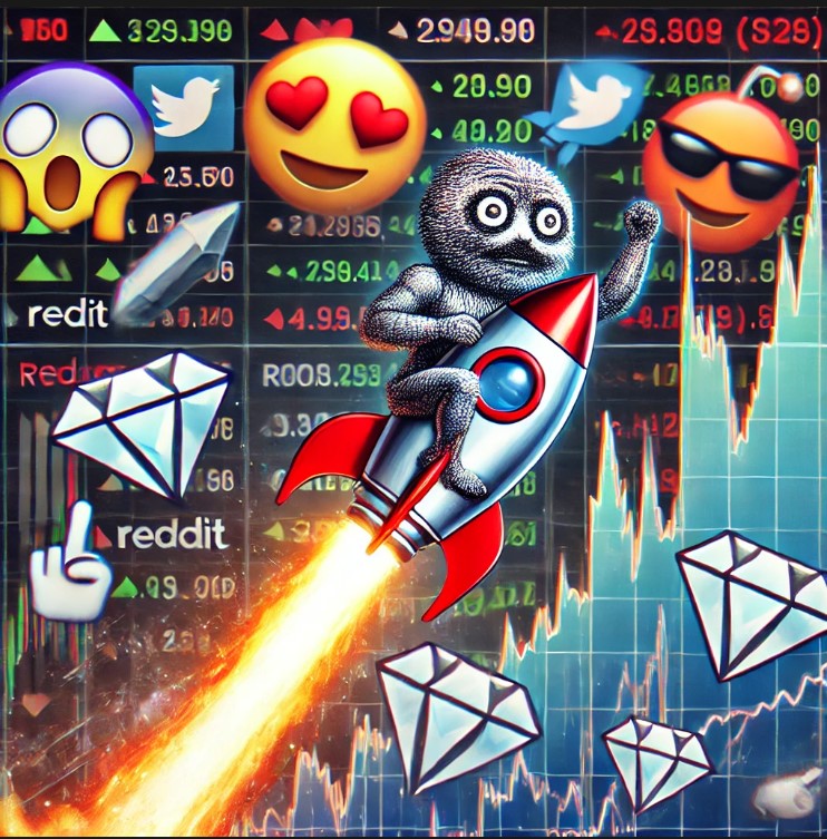 A volatile stock market chart illustrating meme stock investment risks, influenced by social media trends