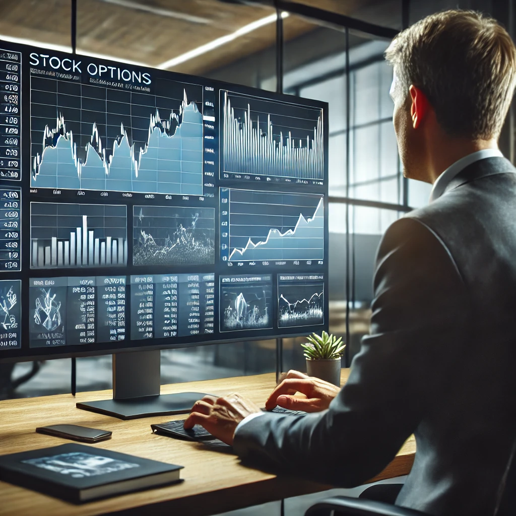 An employee reviewing a Stock Options Guide on a digital screen, analyzing stock performance charts and financial data.