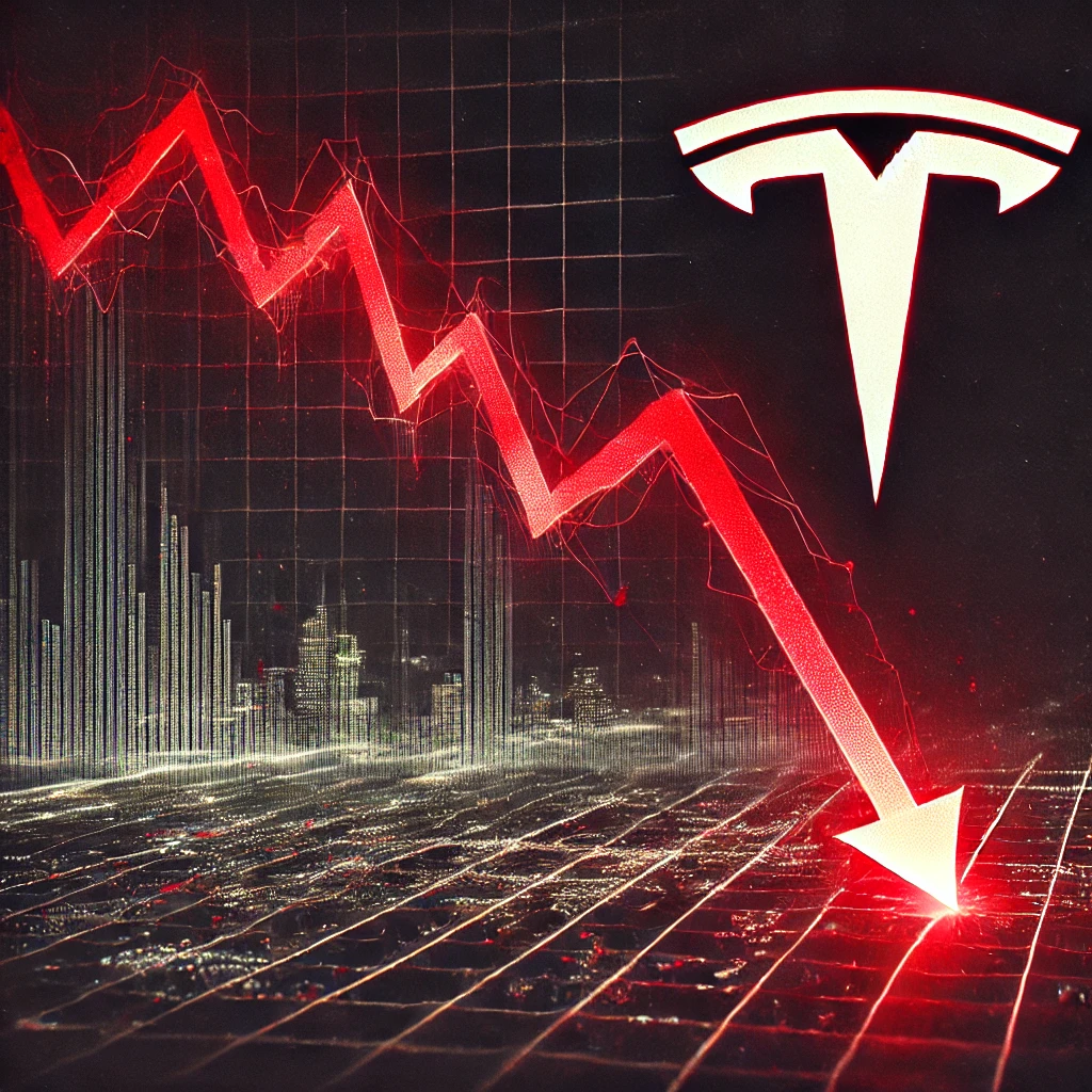 Tesla stock crash shown with a steep decline on a market chart.